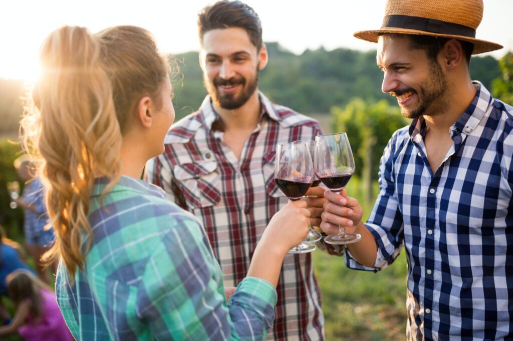 Wine tourists tasting wine in vineyard